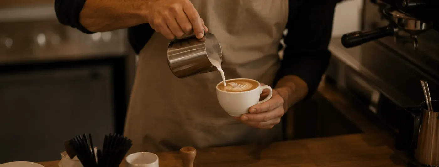 Barista von Cafe Latte Art gießt Milch in eine Tasse, die Rosetta entsteht