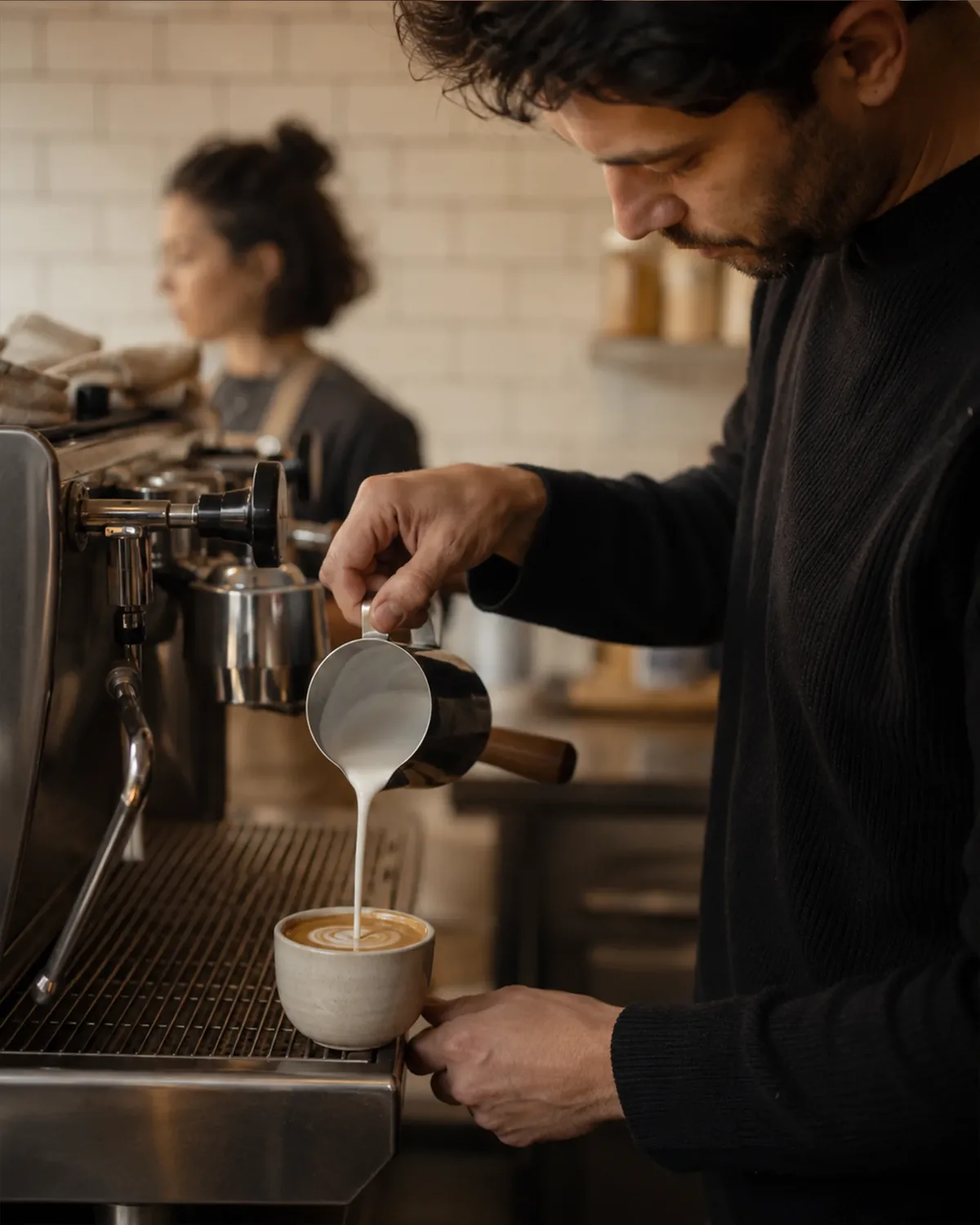 Barista gießt Milch aus der Kanne in eine Tasse an der Siebträgermaschine